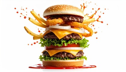 Delicious burger with toppings with fries, onion rings, and and ketchup splash.