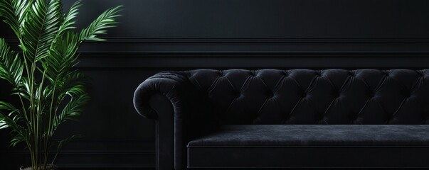 A black tufted sofa sits near a potted green leafy plant