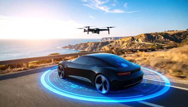 Autonomous Black Car Followed by Drone on Coastal Highway at Sunset - Powered by Adobe