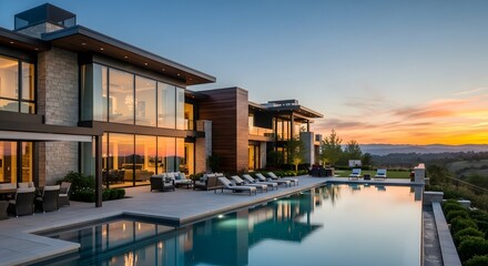 Obraz premium Stunning modern luxury home with an infinity pool overlooking a scenic valley during a vibrant sunset.