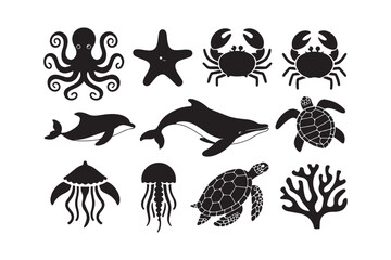 Collection of black silhouette sea creatures and coral on white background