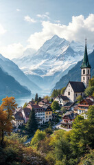 Charming European village in valley with colorful buildings and snowy mountains.
