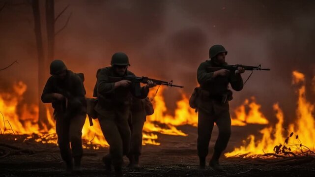 Soldiers Advancing Through Fire in Intense Military Operation Scene