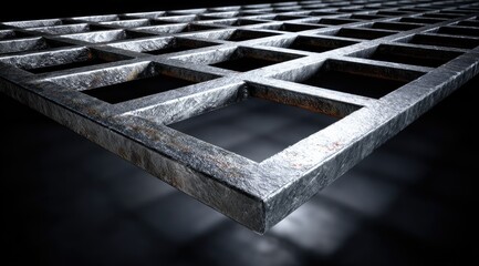 Metal grate, angled perspective.  Rusty, squared,  grid pattern.  Dark background.  Industrial feel