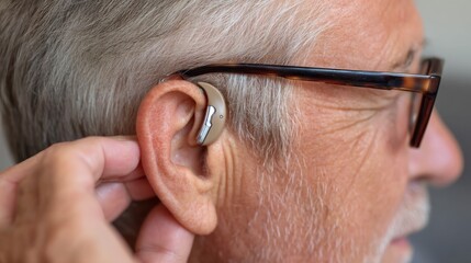 Senior male wearing glasses, carefully positioning digital hearing aid for enhanced auditory communication and personal connection