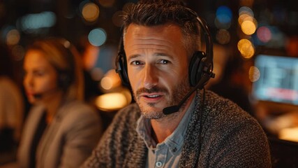 Crisis communication manager in control room demonstrates teamwork and strategy during drill, showcasing professionalism and focus with headset