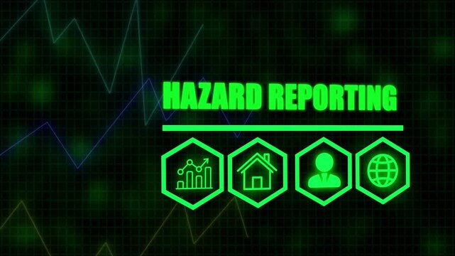 A Hazard Reporting business concept on a flashing computer monitor with moving graphs and data. Digital candlestick financial market chart bars. Trading and investment, Abstract data graph for busine.
