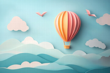 Fototapeta premium A paper hot air balloon is flying over a blue ocean with a few birds in the sky