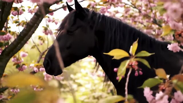 Black horse with flowing mane stands gracefully among blooming pink cherry blossom flowers in serene springtime nature outdoors, showcasing elegant equine mammal beauty in soft focus background, A maj