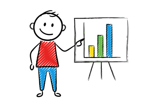 Cartoon character presenting a bar chart with smile and hand gesture