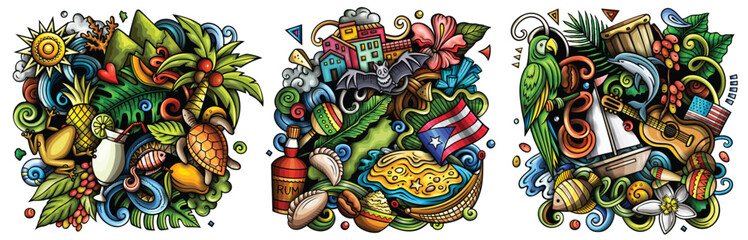 Puerto Rico cartoon vector doodle designs set