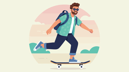 Stylized young skateboarder in motion with backpack and sunglasses—pastel sunset background evokes freedom, sport, and modern outdoor lifestyle