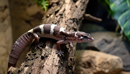 Fototapeta premium Striped Gecko Perched on Textured Bark, Eye Contact, Natural Light