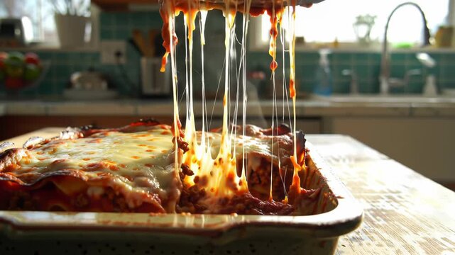 Cheesy lasagna slice lifts revealing long cheese strings and rich tomato sauce, classic comfort food dish