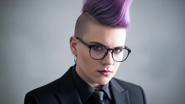 Confident Woman with Purple Mohawk and Business Suit: A Bold Style Statement
