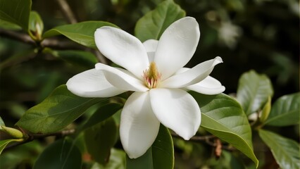 Obraz premium A vibrant white magnolia flower in full bloom surrounded by lush green leaves.