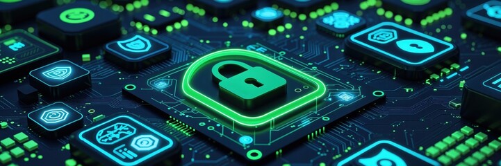 Close-up of a futuristic circuit board featuring a prominent green padlock and other glowing cybersecurity icons.