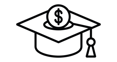 Graduation cap with dollar coin icon in black silhouette—symbolizing student loans, scholarship funding, and the cost of higher education