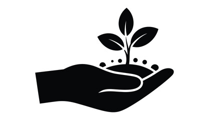 Minimal hand holding plant silhouette icon—symbol of growth, nurturing, sustainability, and environmental care in black on white