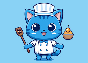 Cute blue cat chef holding a spatula with a cupcake