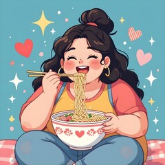 A cheerful chubby woman enjoys her noodles with pure delight &mdash; sparkles and hearts all around as she savors every bite with love and joy