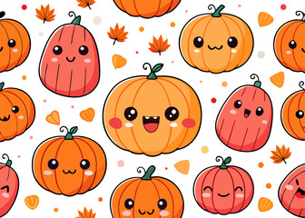 Cute kawaii pumpkins and autumn leaves pattern