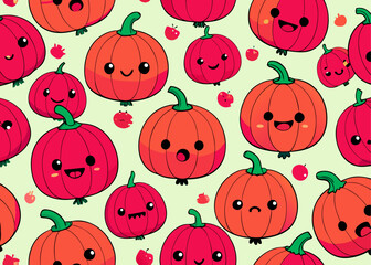 Cute kawaii pumpkins pattern with various expressions