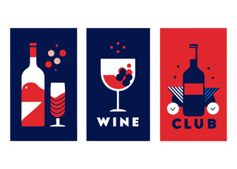 Modern wine bottle and glass illustrations with geometric accents