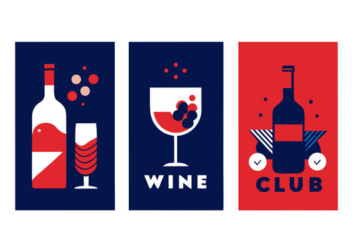 Modern wine bottle and glass illustrations with geometric accents