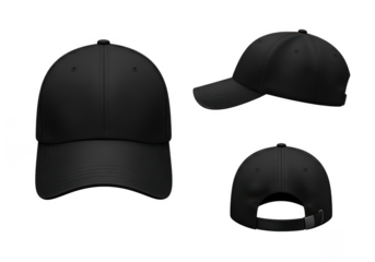 Three views of a black baseball cap isolated on transparent background