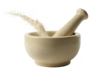 Cream mortar and pestle grinding herbs isolated on transparent background