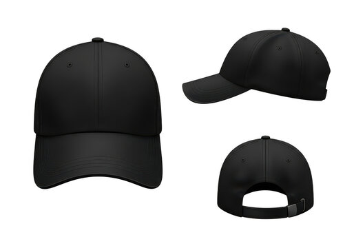 Three views of a black baseball cap isolated on transparent background