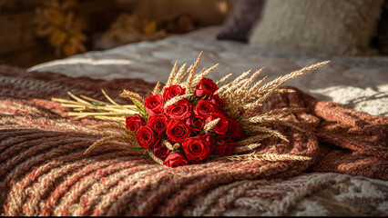Beautiful Red Roses and Golden Grasses Arranged Artistically on a Cozy Blanket in a Softly Lit Room...