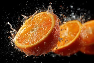 Exploding orange caught mid-air, frozen droplets glow under dramatic lighting