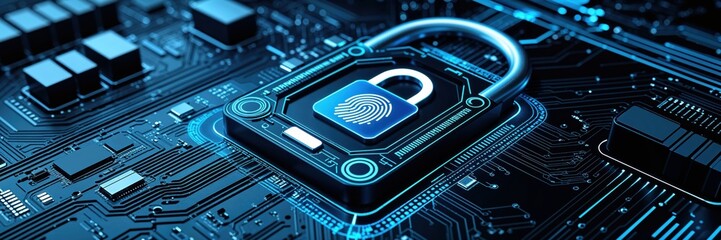 A digital padlock with a fingerprint icon illuminated by blue light on a dark circuit board, symbolizing advanced cybersecurity and data protection.