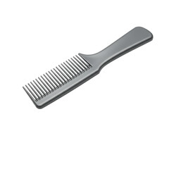Sleek charcoal grey blocking comb with polished stainless steel pins on a transparent studio background in a precise 3/4 view, professional product photography concept