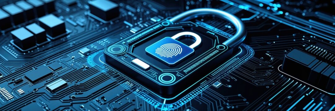 A digital padlock with a fingerprint icon illuminated by blue light on a dark circuit board, symbolizing advanced cybersecurity and data protection. - Powered by Adobe