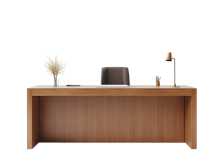 A modern desk with light wood and a white background, product renderings, product design rendering, front view of the desktop