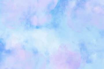 Blue watercolor background with white and purple clouds 