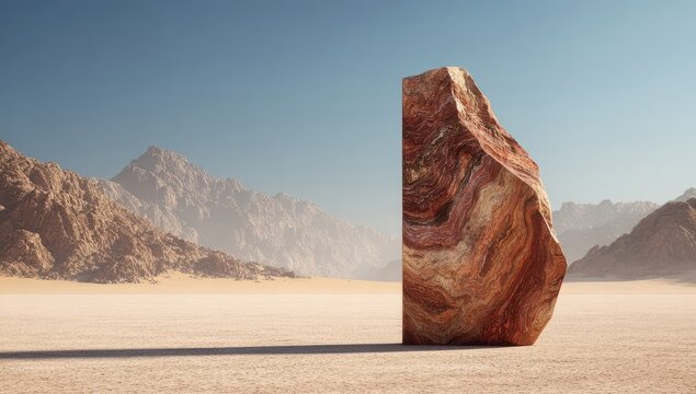 Large, reddish-brown stone monolith in a desert landscape