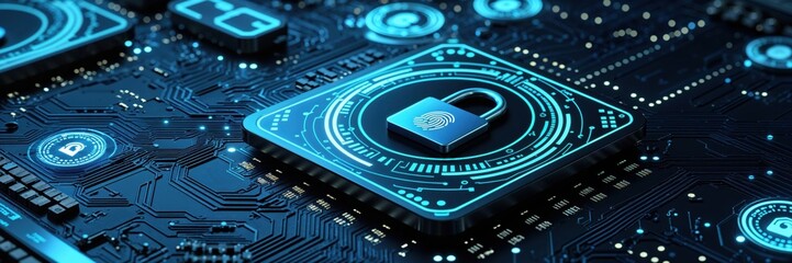 A glowing blue padlock symbol on a digital circuit board representing cybersecurity and data protection.