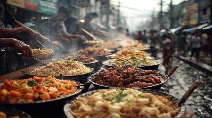Rows of steaming food dishes in a bustling street market