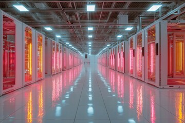 Fototapeta premium Futuristic data center with glowing server racks and precisely arranged cabling