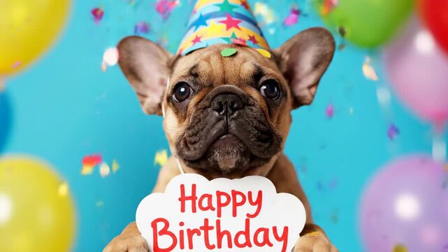 Greetings happy birthday. Close Up of French Bulldog Puppy Wearing Birthday Party Hat With Colorful Balloons