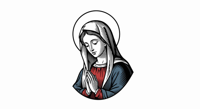 Detailed Engraved Virgin Mary Illustration Saint Religious Figure Graphic