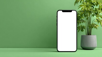 Modern smartphone on mint green backdrop with plant