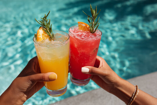 Refreshing colorful cocktails with ice and rosemary garnishes held by hands near a bright swimming pool on a sunny day - Powered by Adobe