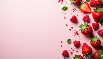 Fresh strawberries and raspberries artfully arranged on a soft pink surface.