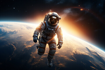 Astronaut floats through outer space with the sun casting a warm glow in the background, showcasing a breathtaking view of Earth