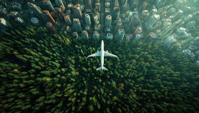 Aerial view of a plane flying over a city and forest